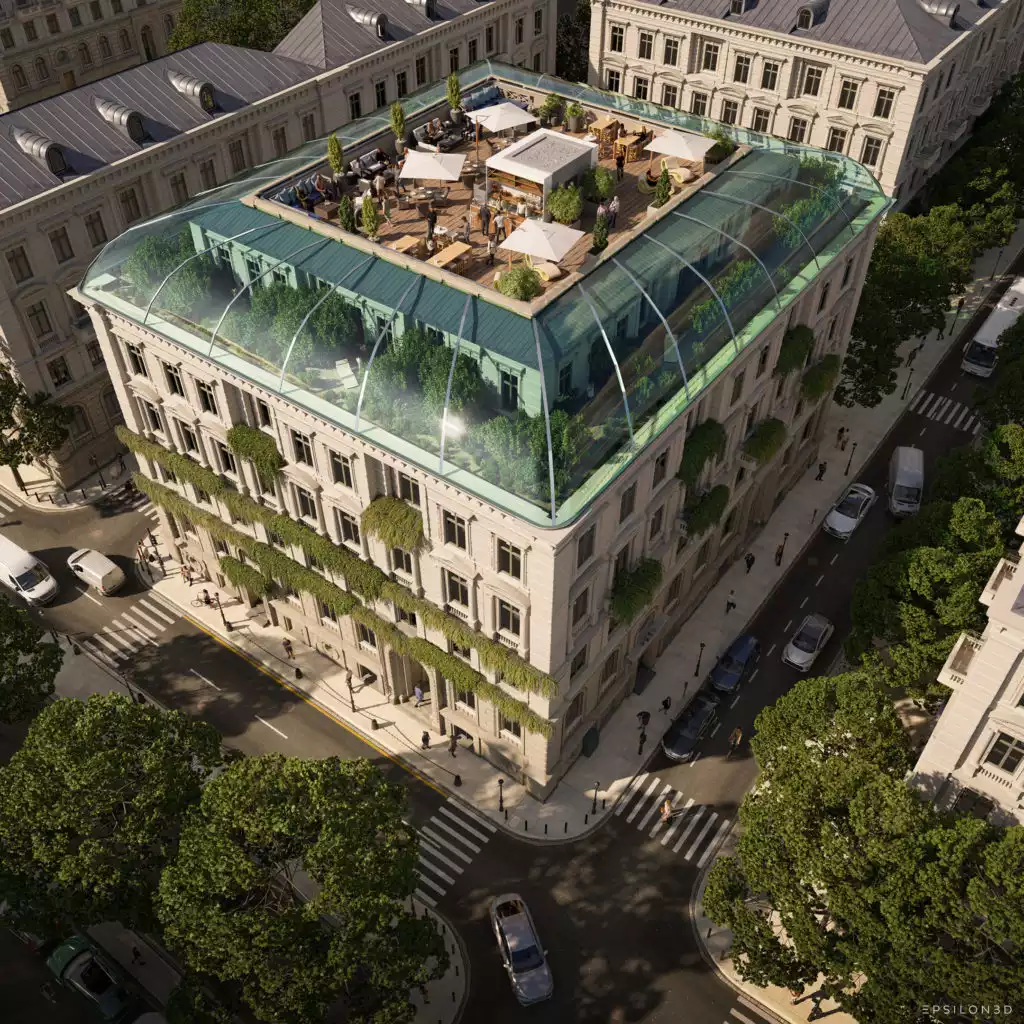illustration 3D en plongée d'un immeuble de type haussmannien avec terrasse et bar sur les toits, végétation sous véranda et en façade