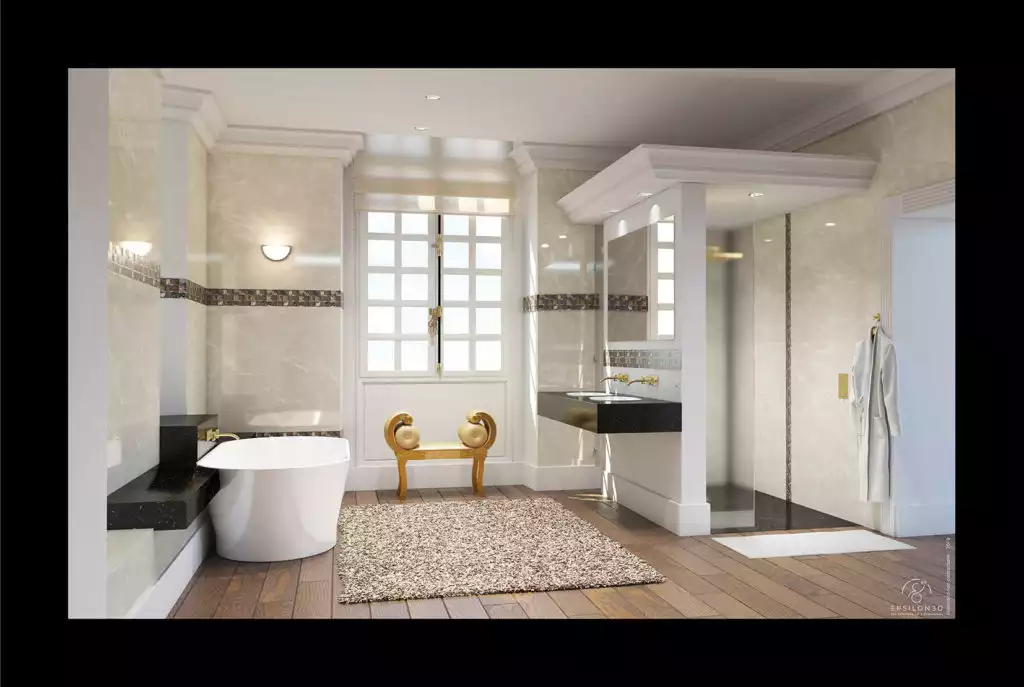 illustration 3D d'une salle de bain décor marbre et parquet