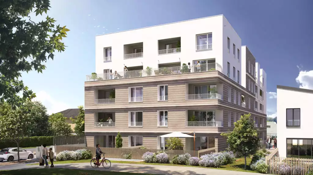 illustration 3D d'un bâtiment avec bardage bois et jardins en rez-de-chaussée