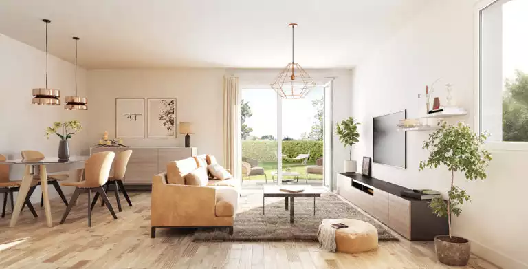 illustration 3d intérieure d'un appartement en rez-de-chaussée ouvert sur jardin, salon à droite et salle à manger à gauche