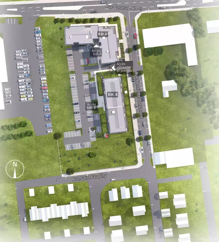 plan d'illustration d'un ensemble de bâtiments avec parkings