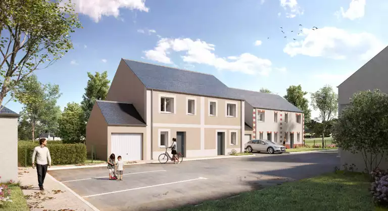 illustration 3d de futures maisons dans une rue calme, avec piétons