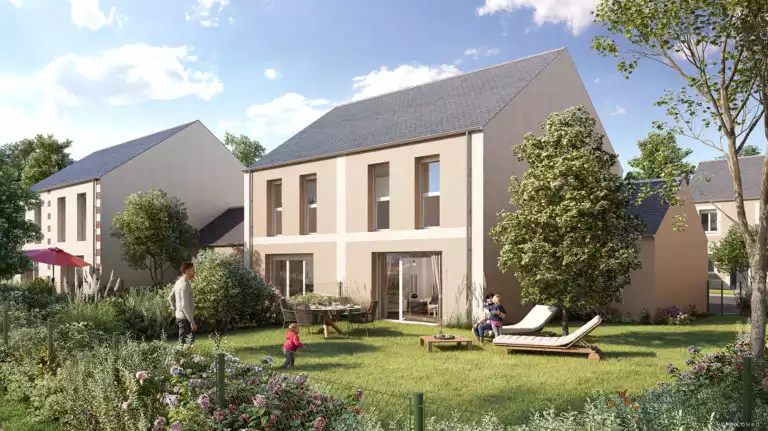 illustration 3D d'une maison avec jardin et transats au premier plan, famille qui joue
