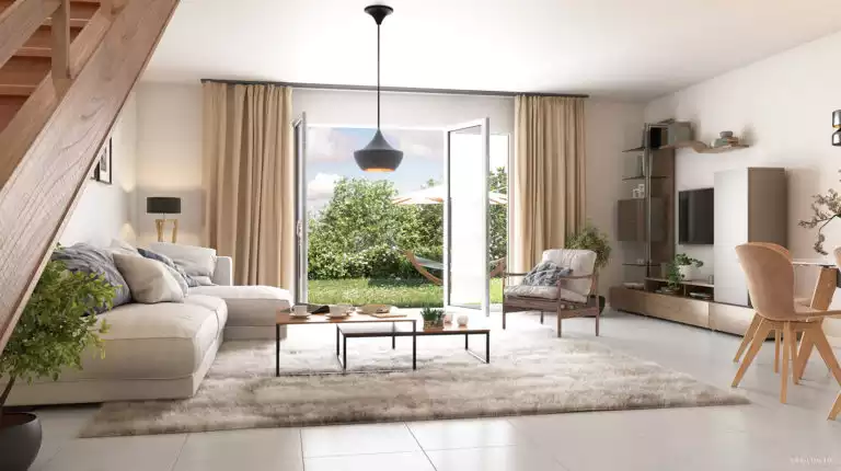 illustration intérieure 3D du salon d'une maison, escalier en bois et ouverture sur un jardin