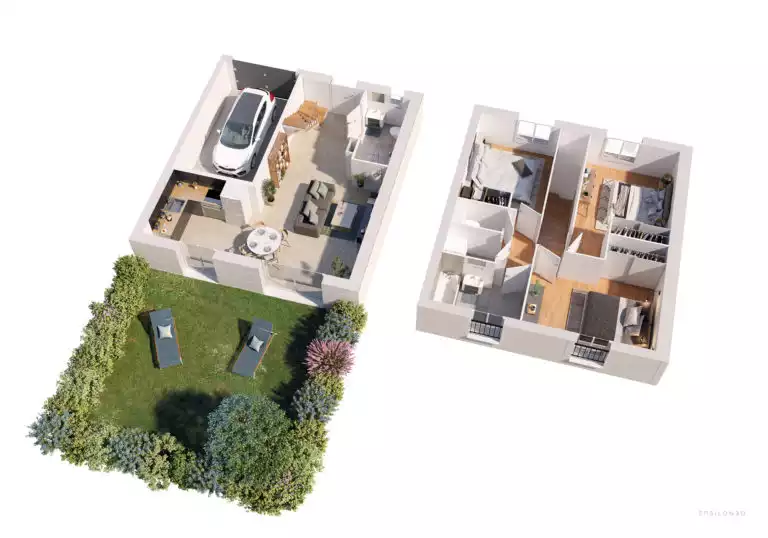 plan 3D d'une maison de deux étages avec jardin