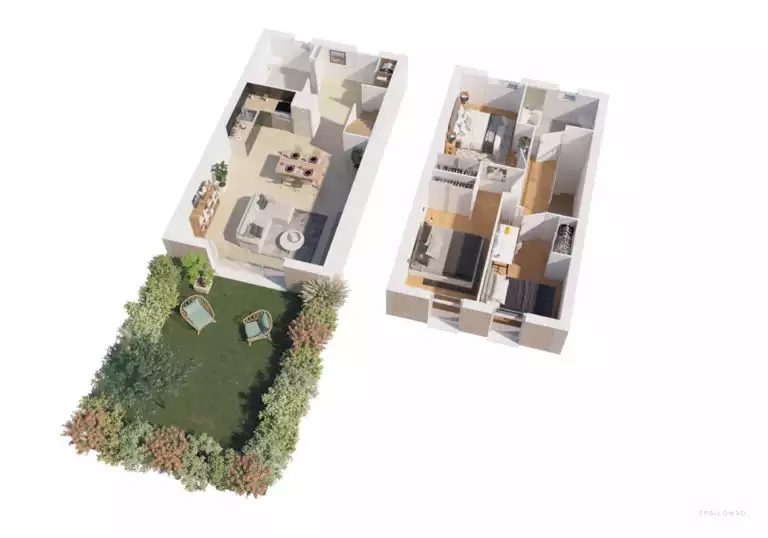 plan 3D d'une maison de deux étages avec jardin