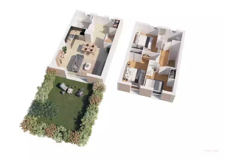 plan 3D d'une maison de deux étages avec jardin