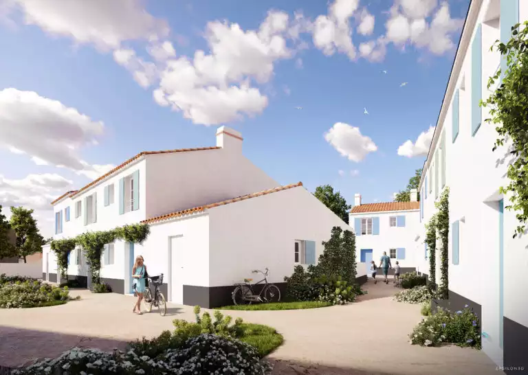 illustration 3d de l'entrée d'un lotissement, maisons aux volets bleus et verts pâles
