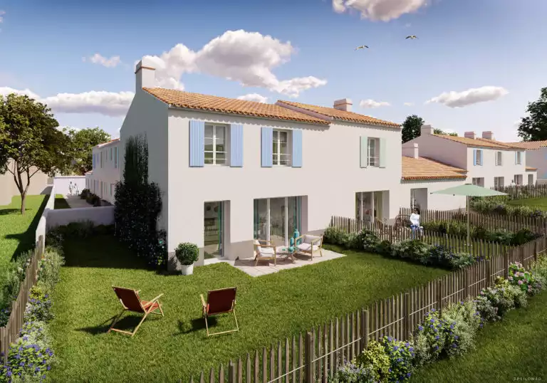 illustration 3d de maisons avec jardins, volets bleus et verts pâles