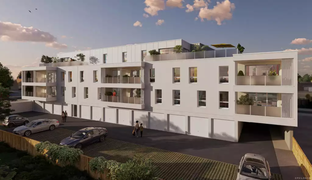 vue d'illustration en 3D d'un immeuble ambiance couché de soleil