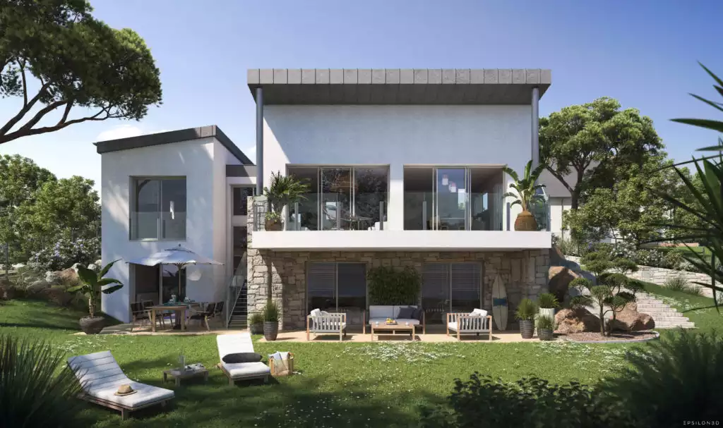 illustration 3D d'une maison avec grand balcon, terrasse, jardin et transats au premier plan