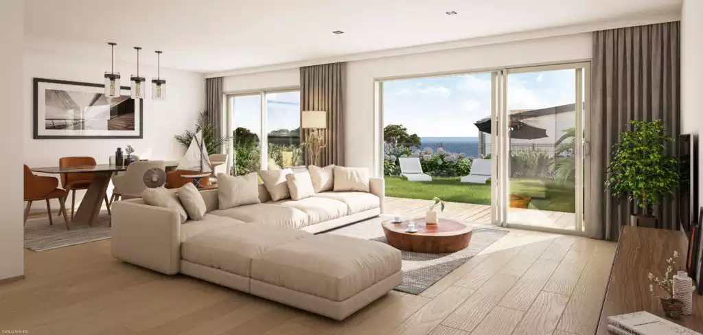 illustration 3d de l'intérieur d'une maison ouverte sur jardin, vue sur la mer, grand canapé d'angle