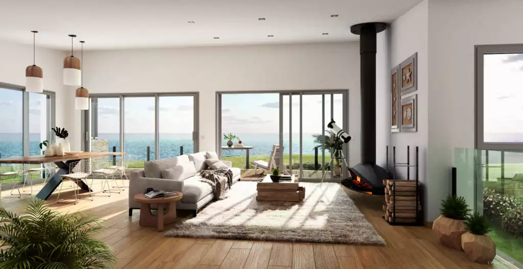 illustration 3d de l'intérieur d'une maison ouverte sur jardin, vue sur la mer, avec poêle et garde-corps vitré