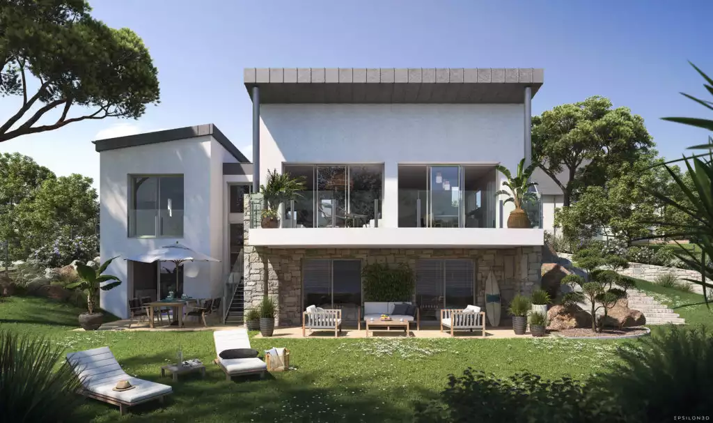 illustration 3D d'une maison avec grand balcon, terrasse, jardin et transats au premier plan