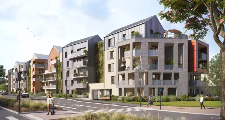 illustration 3d de deux futurs bâtiments d'habitation sur rue avec piétons