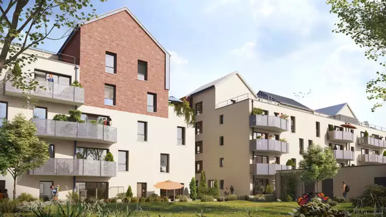 illustration 3d de deux futurs bâtiments d'habitation avec espace végétalisé au premier plan
