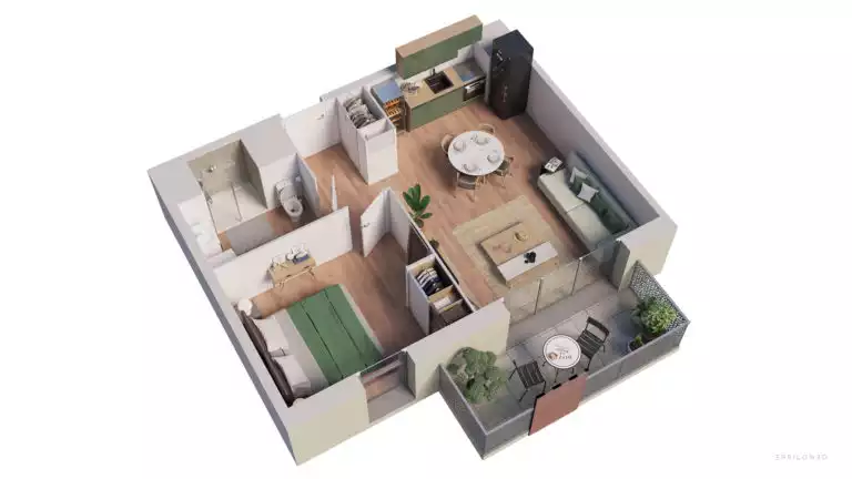 plan d'illustration d'un appartement en 3D avec une chambre et un balcon
