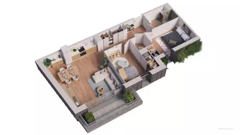 plan d'illustration d'un appartement en 3d avec deux chambres et un balcon