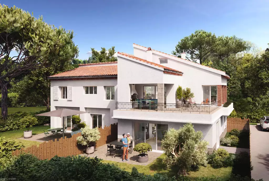 vue 3d d'illustration d'une future maison réhabilitée avec jardins séparés