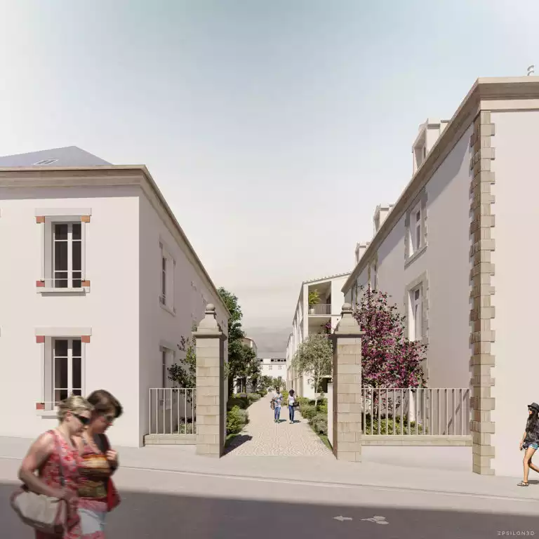 vue d'illustration 3D d'un futur ensemble de bâtiments avec poteaux de portail, sur rue