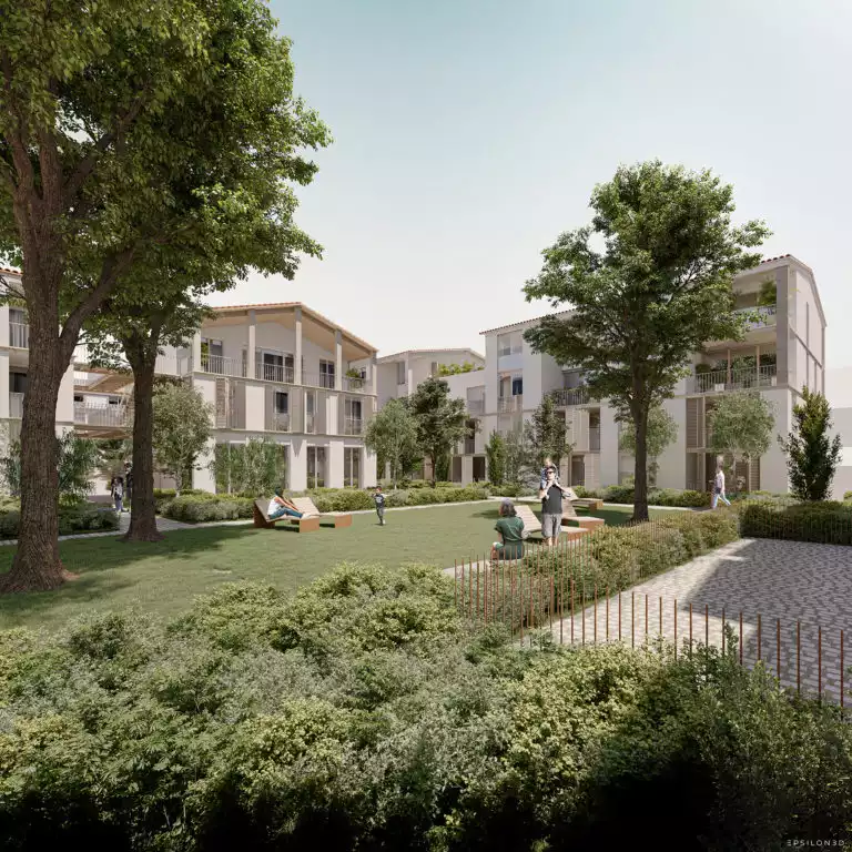 vue d'illustration 3D d'un futur ensemble de bâtiments avec espace végétalisé au centre avec familles et passants