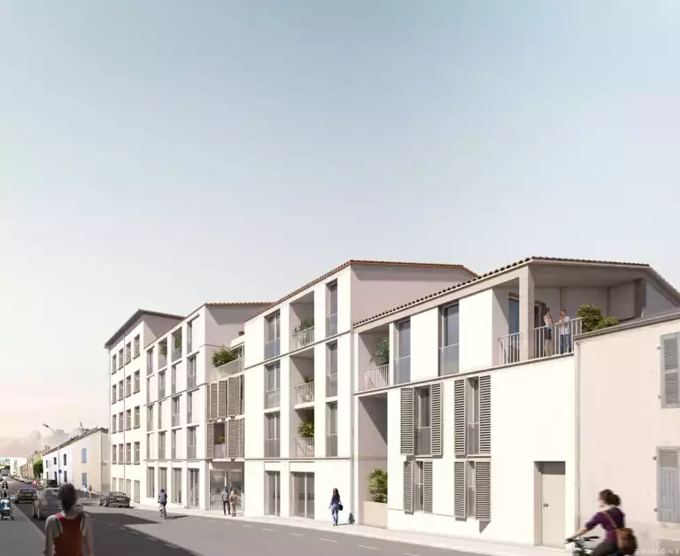 vue d'illustration 3D d'un futur ensemble de bâtiments intégré sur une photo de rue