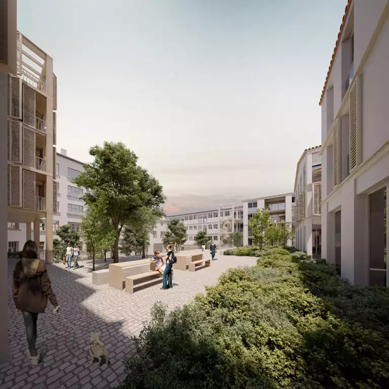 vue d'illustration 3D d'un futur ensemble de bâtiments avec espace végétalisé au centre avec piétons et jeunes qui discutent