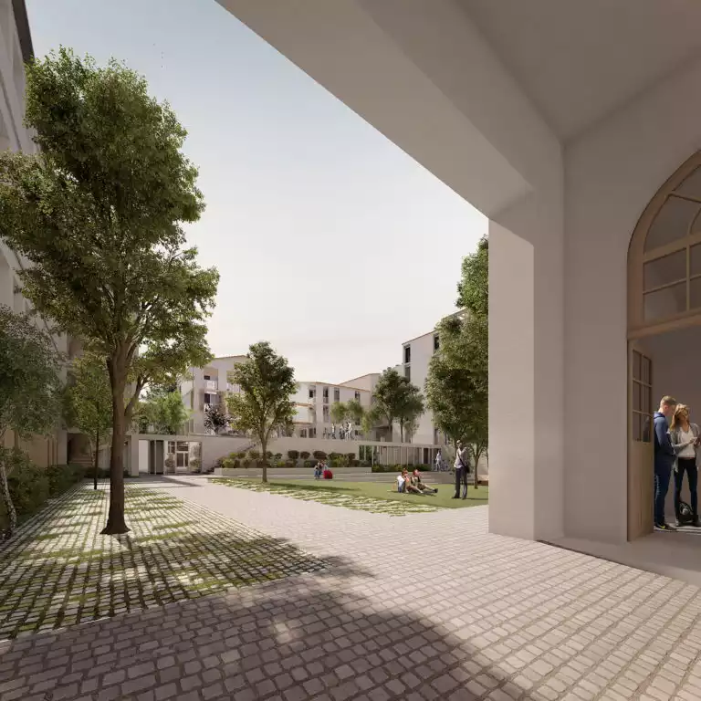 vue d'illustration 3D d'un futur ensemble de bâtiments depuis un porche d'entrée, avec espace végétalisé au centre