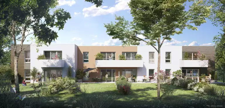 vue d'illustration 3d d'un futur bâtiment avec jardins au premier plan