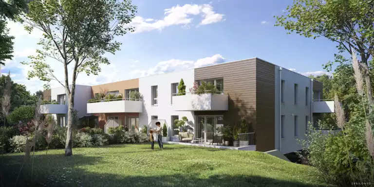 vue d'illustration 3d d'un futur bâtiment avec jardins au premier plan
