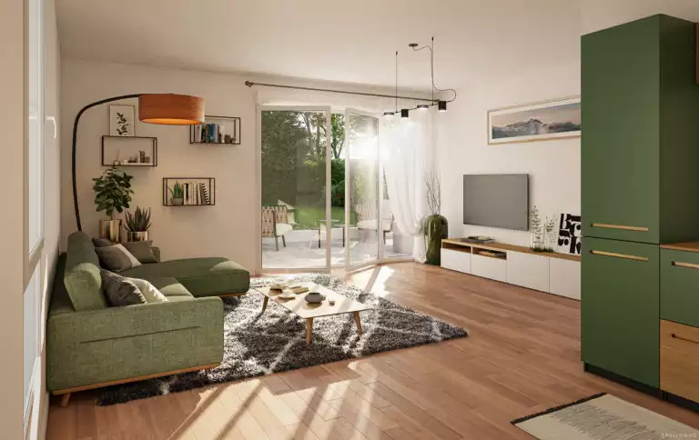 vue d'illustration 3D d'un intérieur de bâtiment avec coin salon, cuisine et ouvert sur jardin