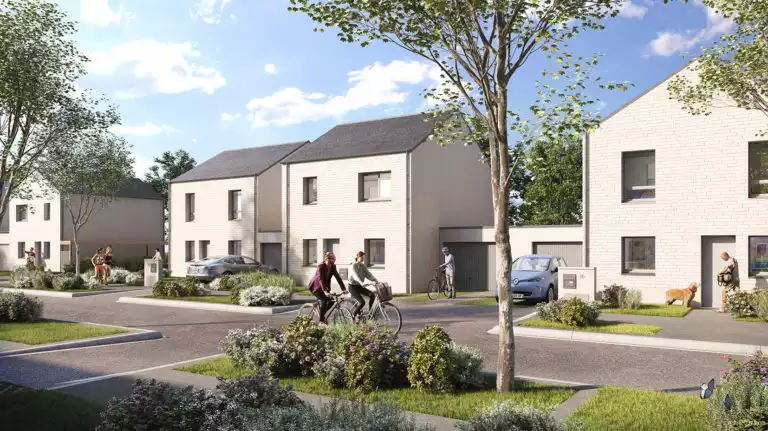 vue d'illustration 3d de futures maisons sur rue avec passants à vélo et piétons