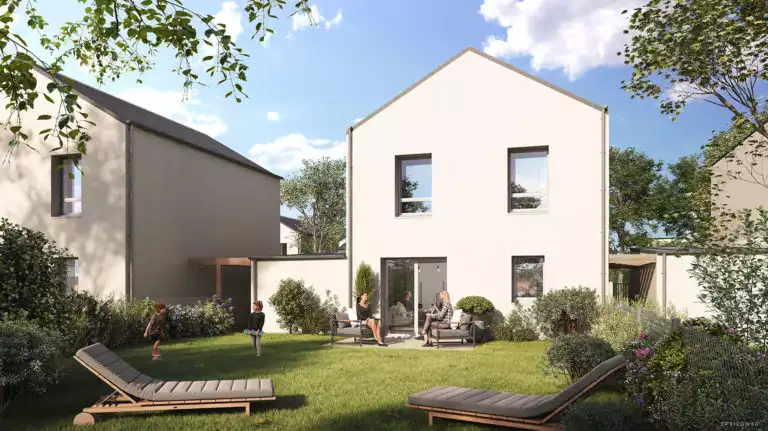 vue d'illustration 3D d'une future maison avec jardin et transats au premier plan