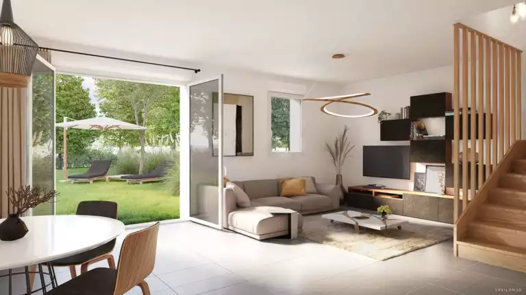 vue d'illustration 3d de l'intérieur d'une maison avec table au premier plan, coin salon, escalier, ouvert sur un jardin