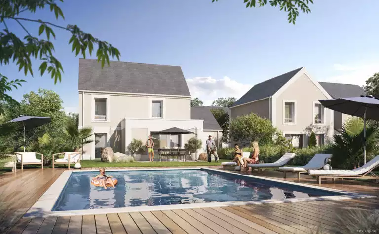 vue d'illustration 3D de futures maisons avec une piscine au premier plan