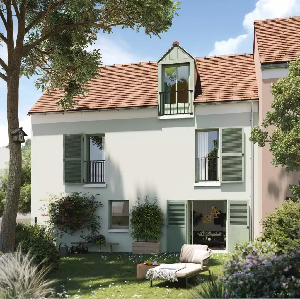 vue d'illustration d'une future maison avec un jardins au premier plan, toiture en tuile