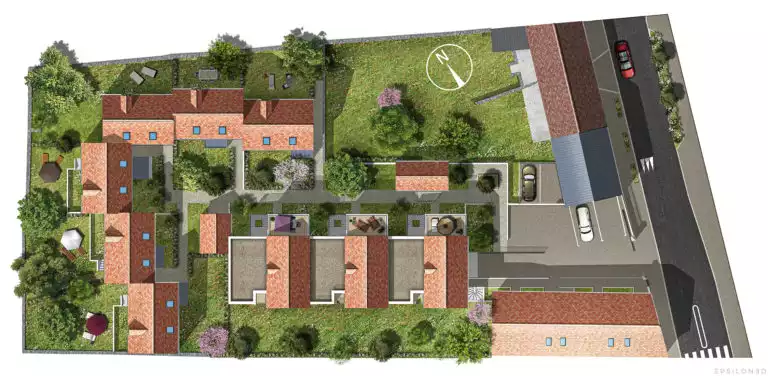 plan d'illustration d'un futur ensemble de maisons et bâtiment collectif, toits en tuile et jardins