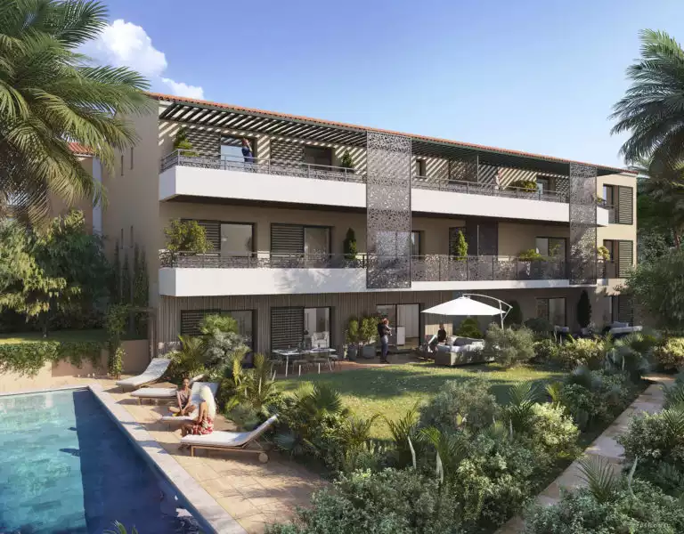 vue d'illustration 3d d'un bâtiment avec piscine partagée au rez-de-chaussée et grands jardins, palmiers
