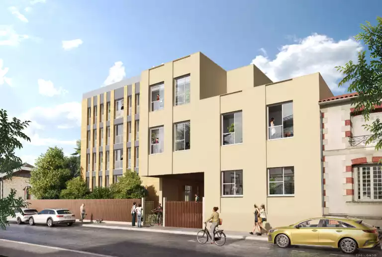 vue d'illustration 3d d'un bâtiment de résidence étudiante avec rue passante au premier plan