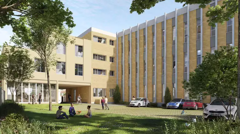 vue d'illustration 3d d'un bâtiment de résidence étudiante avec jardin au premier plan et espace partagé vitré