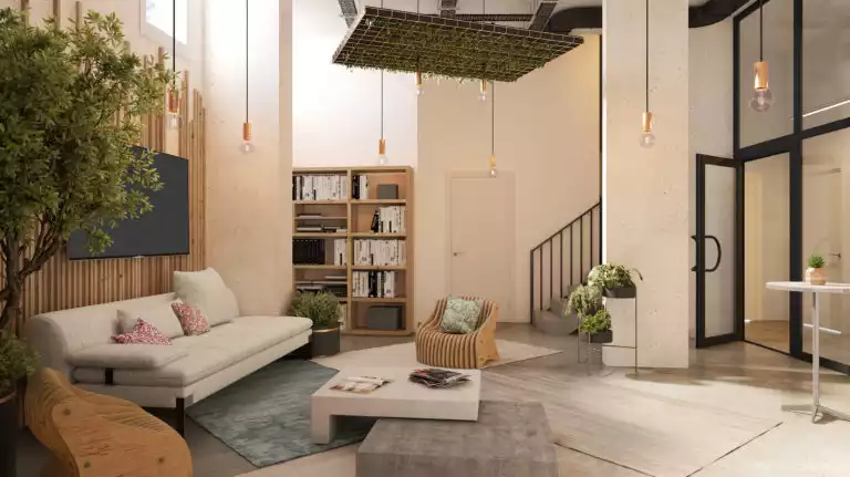 illustration 3d d'un intérieur d'espace partagé avec coin salon, bibliothèque