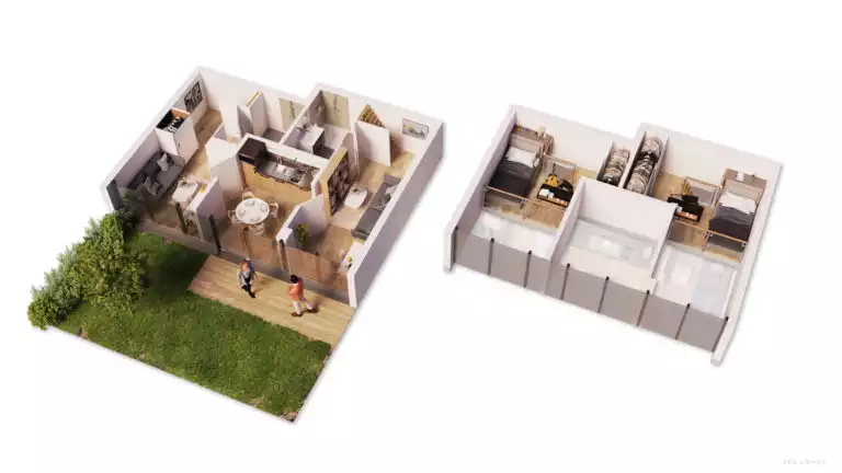 vue en 3d d'un plan de double appartement duplex avec chambres en mezzanine et espace partagé ouvrant sur un jardin