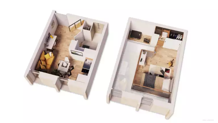vue en 3d d'un plan d'appartement duplex avec chambre en mezzanine