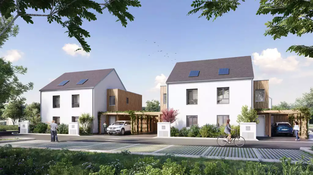 vue d'illustration 3d de futures maisons à construire avec carports en bois et rue au premier plan