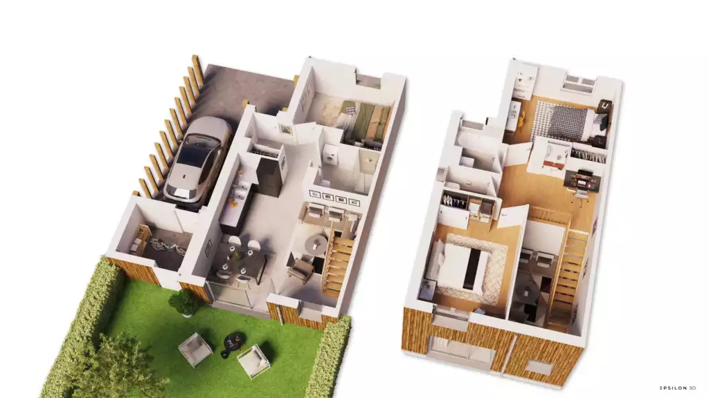 plan en 3d d'une maison de 2 étages avec jardin