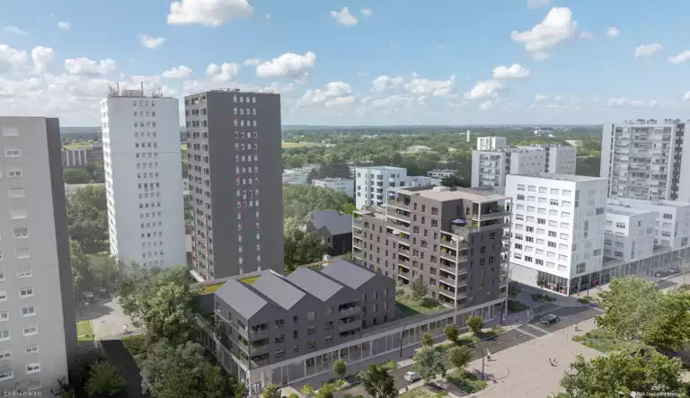 vue axonométrique de futurs bâtiments en bardage bois au cœur d'un quartier d'immeubles
