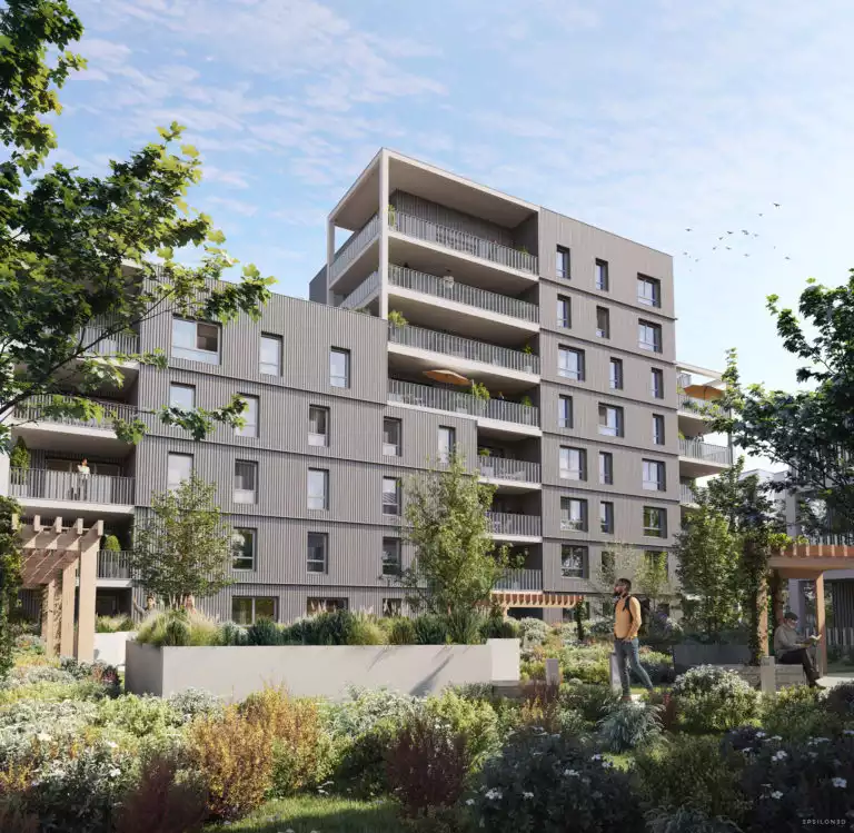 vue d'illustration 3d d'un bâtiment en bardage bois avec un espace végétal au premier plan