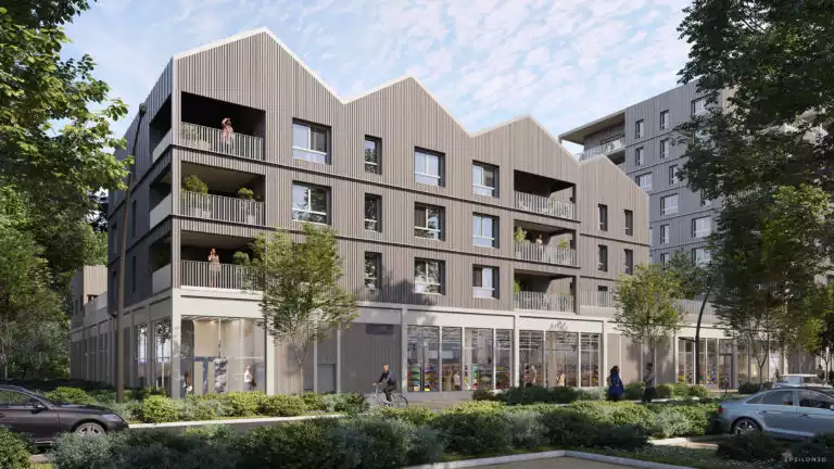 vue d'illustration 3d d'un bâtiment en bardage gris avec cellules commerciales au rez-de-chaussée