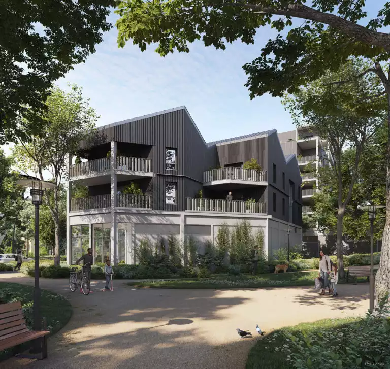 vue d'illustration 3d d'un bâtiment en bardage bois gris foncé avec des chemins piétonniers au premier plan et des gens qui se promènent