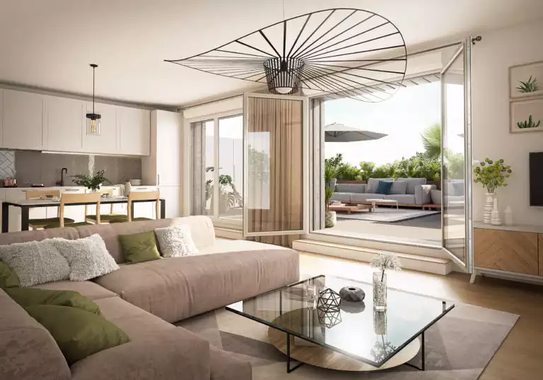 vue d'illustration 3D d'un intérieur d'appartement, avec canapé et table au premier plan, coin cuisine dans le fond, ouvert sur terrasse